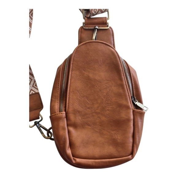 Sling Bag Brown Crossbody Pockets Credit Card Holder Zippers Faux Leather Lined - Picture 3 of 15